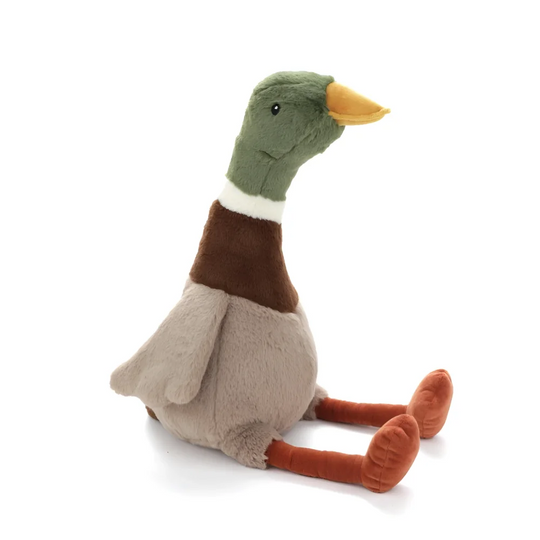 Hugo the mallard duck plush toy by angus oliver canada with green head brown chest beige body and orange feet
