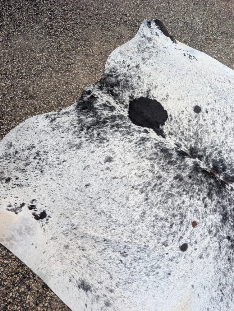 Hum13 91 x 84 massive cowhide rug with large cowhide in white and black speckles with unique characteristics