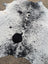 Black and white spotted large cowhide rug with unique characteristics and natural irregular edge perfect for any space