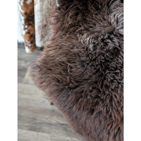 A gorgeous extra large dark brown british sheepskin rug with thick curly texture from angus oliver canada sheepskin rugs