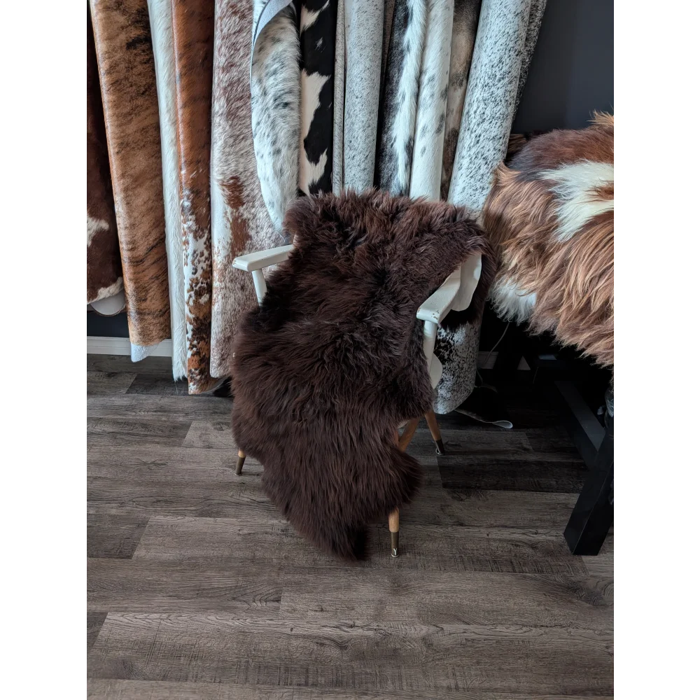 A plush extra large british sheepskin rug in dark brown draped over a white wooden chair measuring 54 x 28 inches