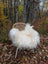 A cozy fluffy white curly long wool icelandic sheepskin draped over a woven wicker chair with metal legs