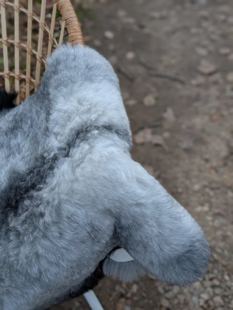 A plush gray fuzzy stuffed animal with soft long wool icelandic sheepskin fur and rounded ears