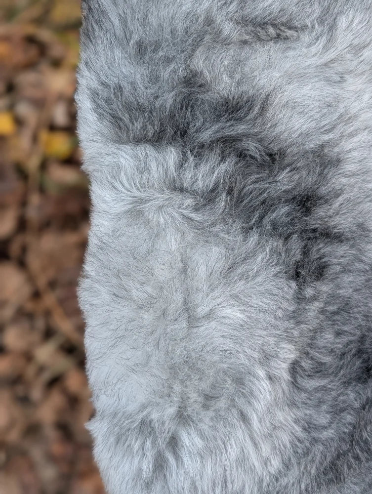 A plush gray icelandic sheepskin coat sleeve with long wool icelandic texture and natural soft pile