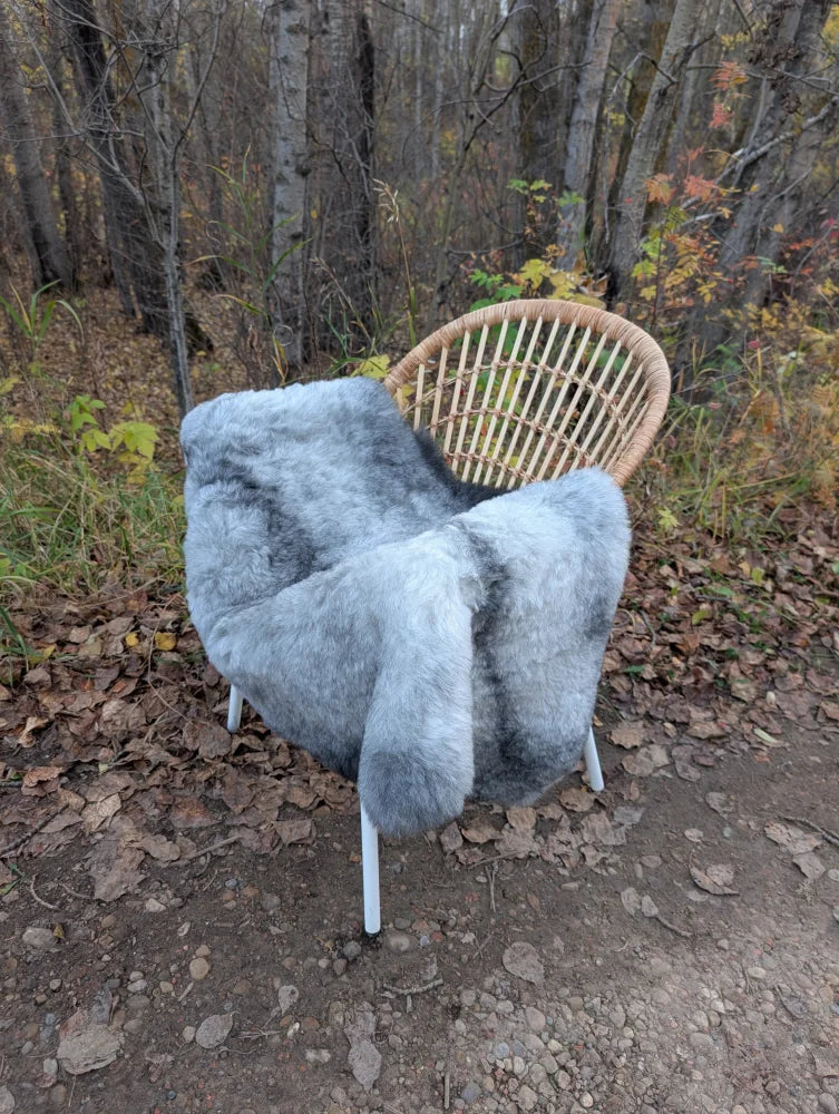 Gray faux fur icelandic sheepskin throw draped over wicker chair with white metal legs showcasing long wool icelandic texture
