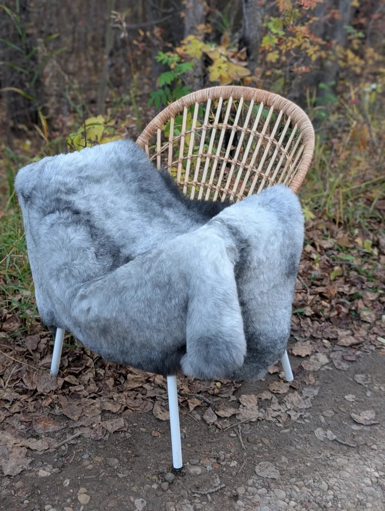 A plush gray long wool icelandic sheepskin throw draped over a wicker chair with white metal legs