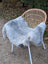 A soft fluffy gray long wool icelandic sheepskin throw draped over a wicker chair for cozy use