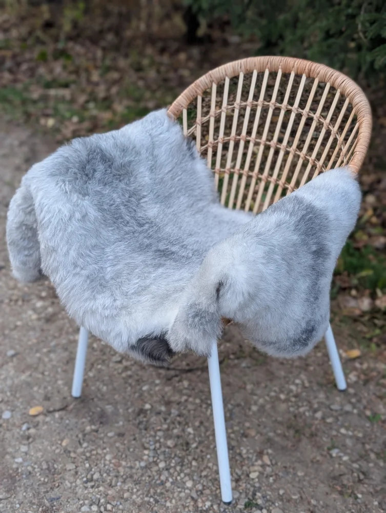 A soft gray long wool icelandic sheepskin throw draped over a wicker chair with white metal legs