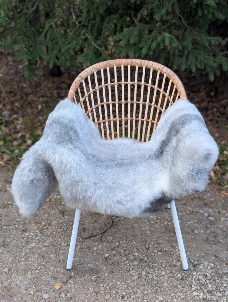 A soft gray icelandic sheepskin throw with long wool icelandic draped over a wicker chair with white metal legs
