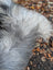 Fluffy long wool icelandic sheepskin in natural grey with shaggy strands measuring 56 x 31 inches