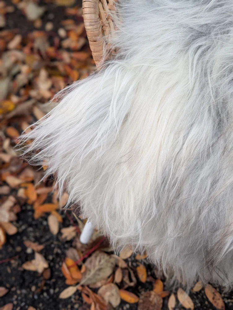 Fluffy white faux fur blanket with soft shaggy texture resembling wool icelandic long wool sheepskin in natural grey