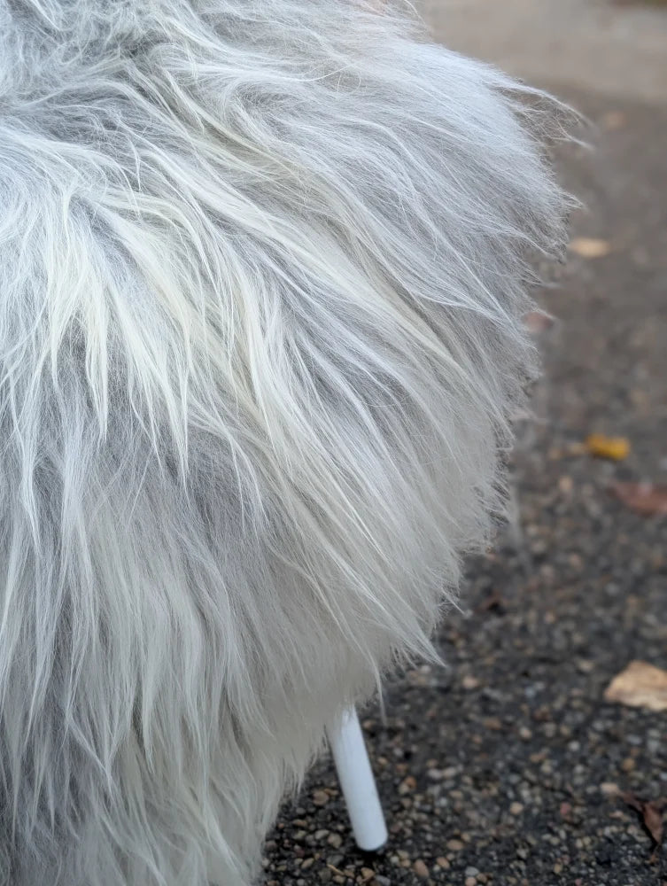 A fluffy white faux fur stool featuring long wool icelandic sheepskins with a sleek minimalist design