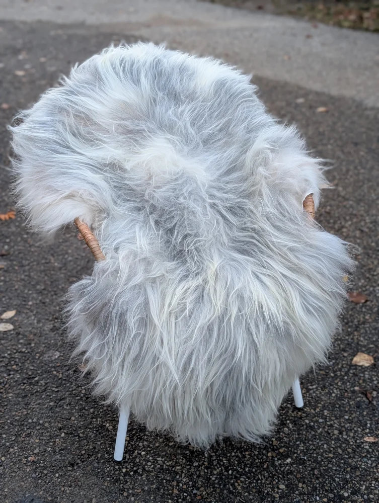 Fluffy white and grey icelandic sheepskin chair with wooden armrests featuring long wool icelandic sheepskins