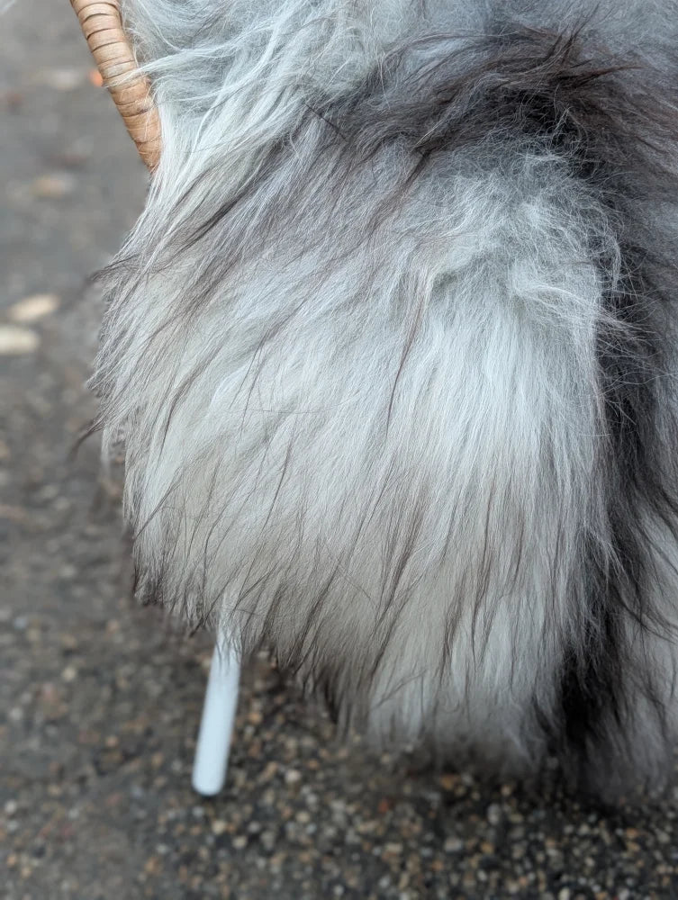 A plush long wool icelandic grey icelandic sheepskin throw blanket draped over a wicker chair for cozy decor
