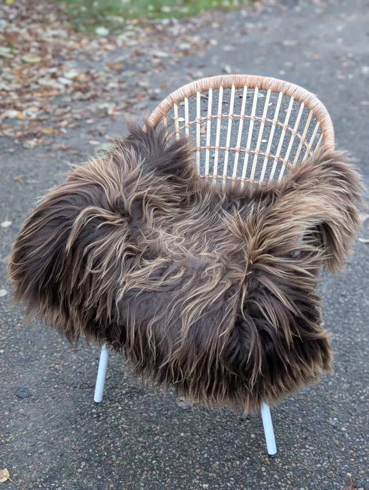 A cozy dark rusty icelandic sheepskin throw with long wool draped over a modern wicker chair with white legs