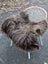 A plush dark rusty icelandic sheepskin throw in long wool draped over a white wicker chair for cozy decor