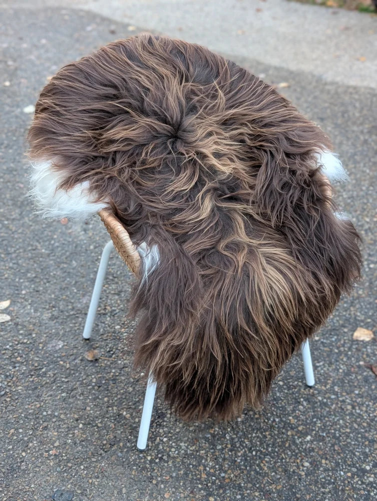 A plush long wool icelandic sheepskin rug in dark rusty bronze draped over a minimalist metal chair