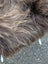 A long wool icelandic sheepskin in dark rusty colors featuring a fluffy long-haired dog resting on it