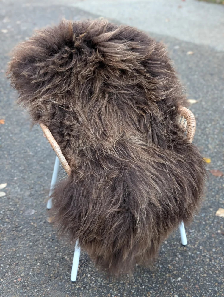 Thick dark rusty icelandic sheepskin with long wool draped over a minimalist chair with white legs and woven handles
