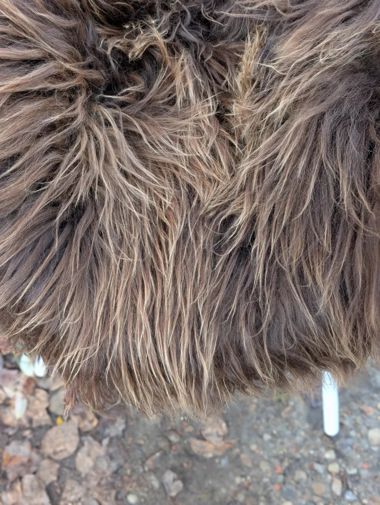 A plush shaggy brown and tan wool icelandic sheepskin throw with a soft textured surface perfect for cozy decor