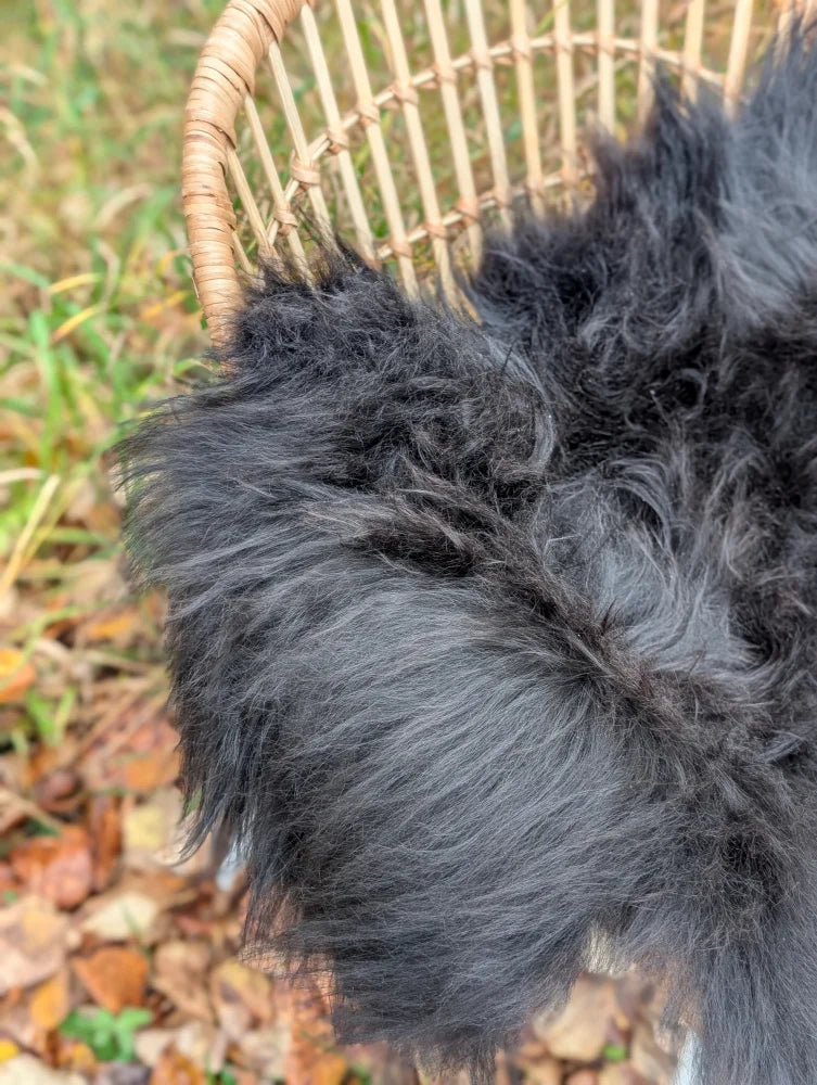 A plush black long wool icelandic sheepskin throw draped over a woven wicker chair for cozy use