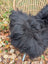 A fluffy black dog sits next to a woven basket on a long wool icelandic sheepskin rug in natural black color