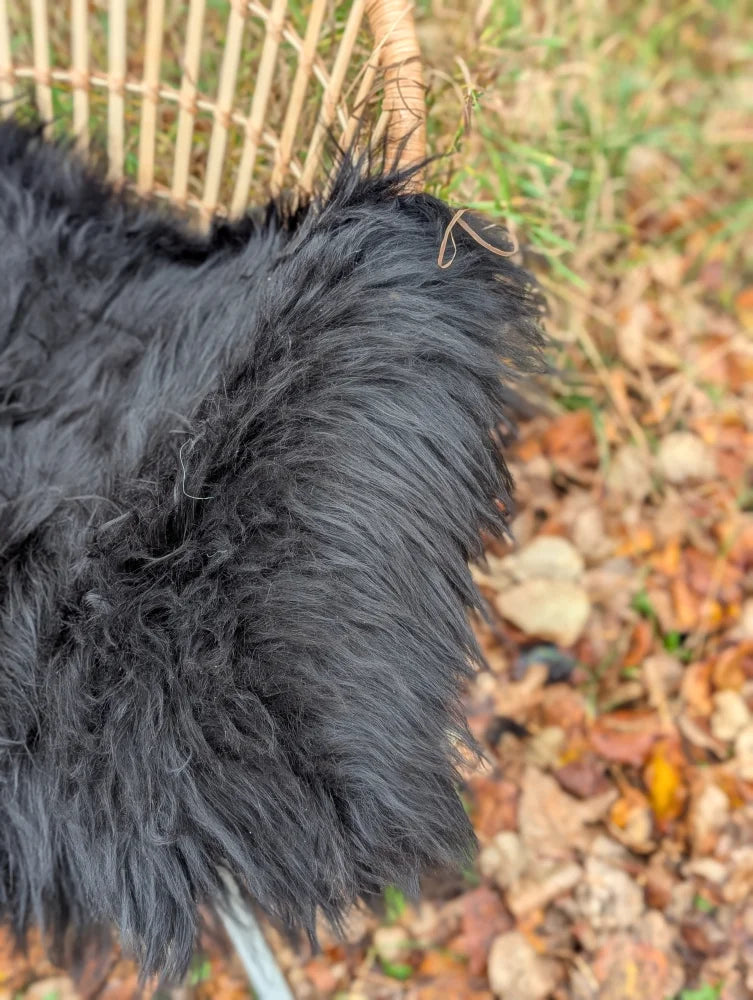 Black fluffy long wool icelandic sheepskin with natural uneven texture in 49 by 31 inch size