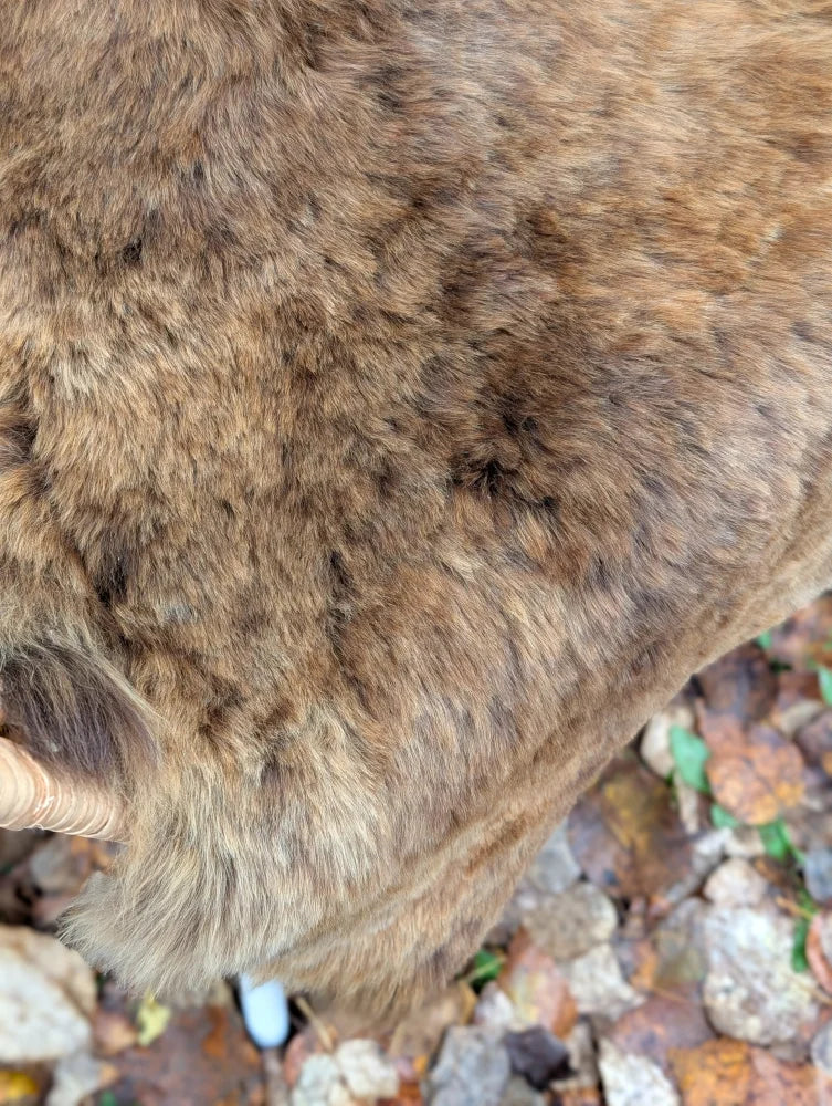 A plush brown faux fur icelandic sheepskin coat with soft dense wool and natural shade variations