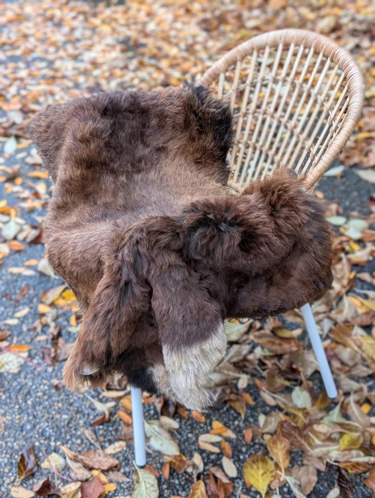 A plush dark brown icelandic sheepskin rug with soft wool texture and natural fur edges perfect for cozy decor