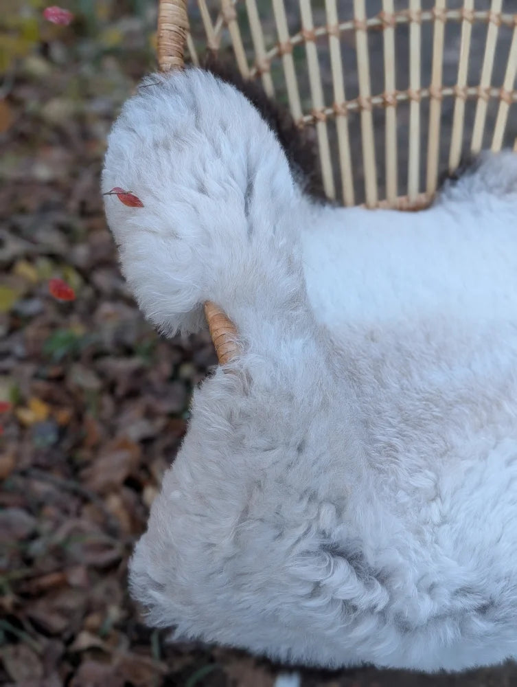 A fluffy white plush duck with soft fur and a red tag on its head sitting on a large long wool icelandic sheepskin rug