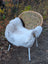 A cozy light gray icelandic sheepskin rug with long wool and dark edges draped over a wicker chair