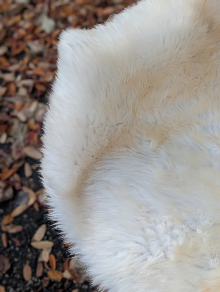 A plush off-white very soft british isles sheepskin rug with dense faux fur texture and slightly uneven edges