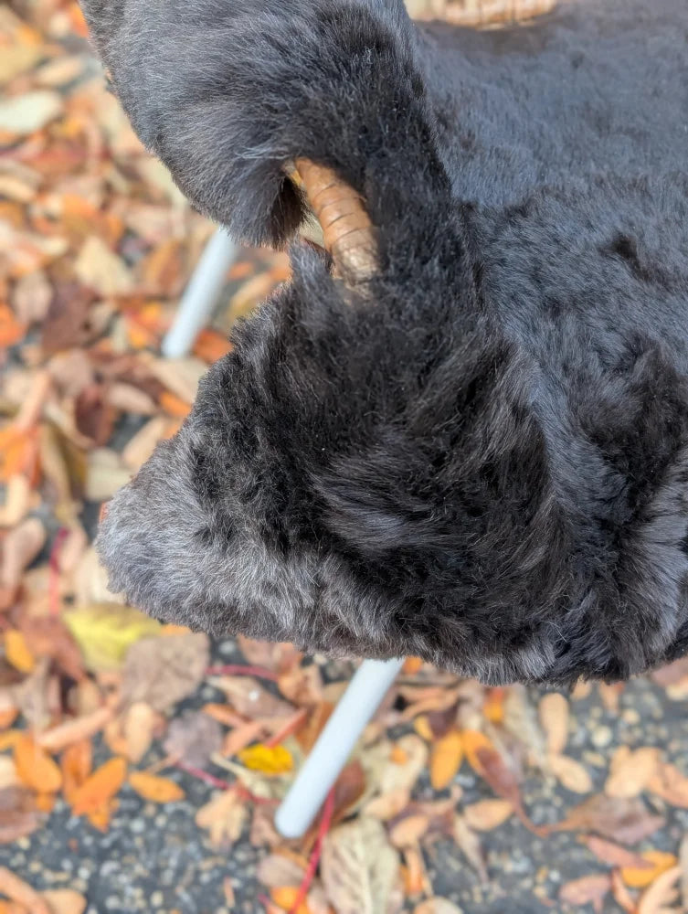 A plush black faux fur dog toy with a brown textured bone on a 43 by 27 wool icelandic sheepskin rug with dark edges