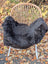 Black short wool icelandic sheepskin cover with dark edges draped over wicker chair with white legs