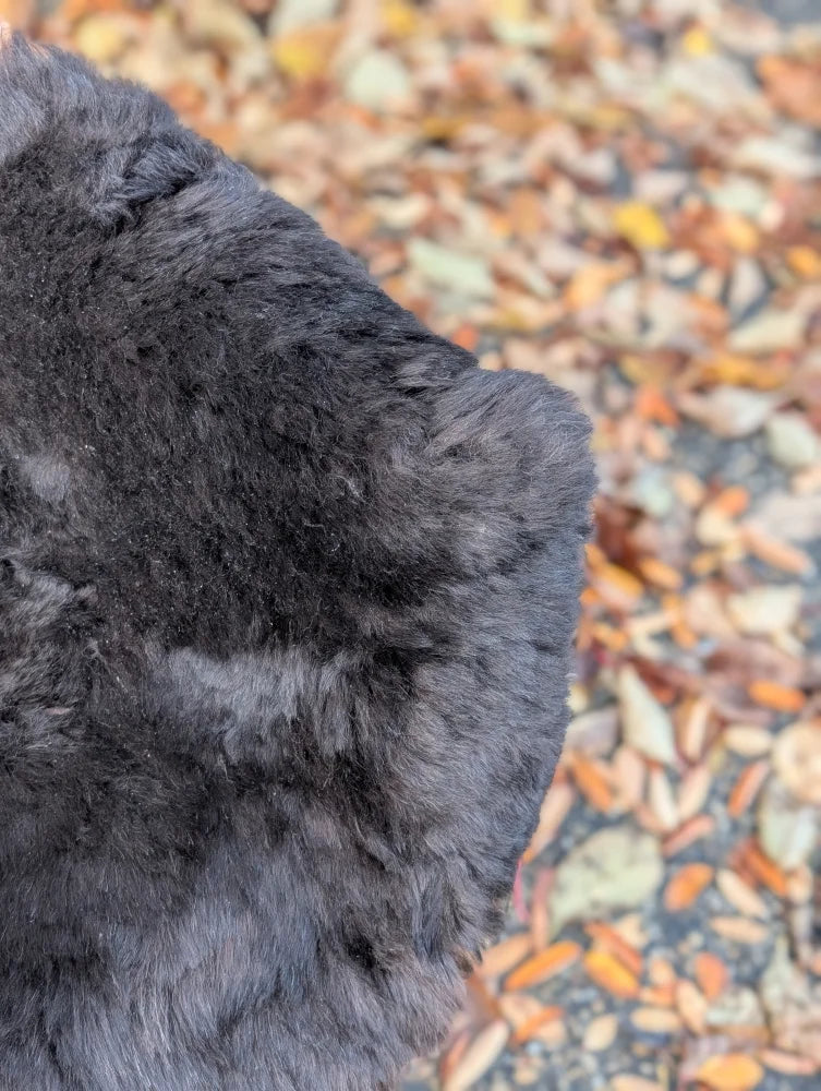 A plush dark gray wool icelandic sheepskin rug with soft dense fur and dark edges for cozy decor
