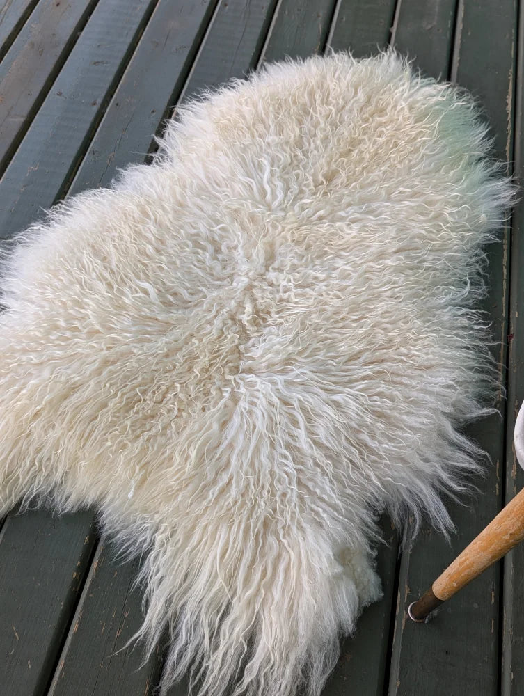 A plush off-white long wool icelandic sheepskin rug with curly fibers on a dark wooden deck