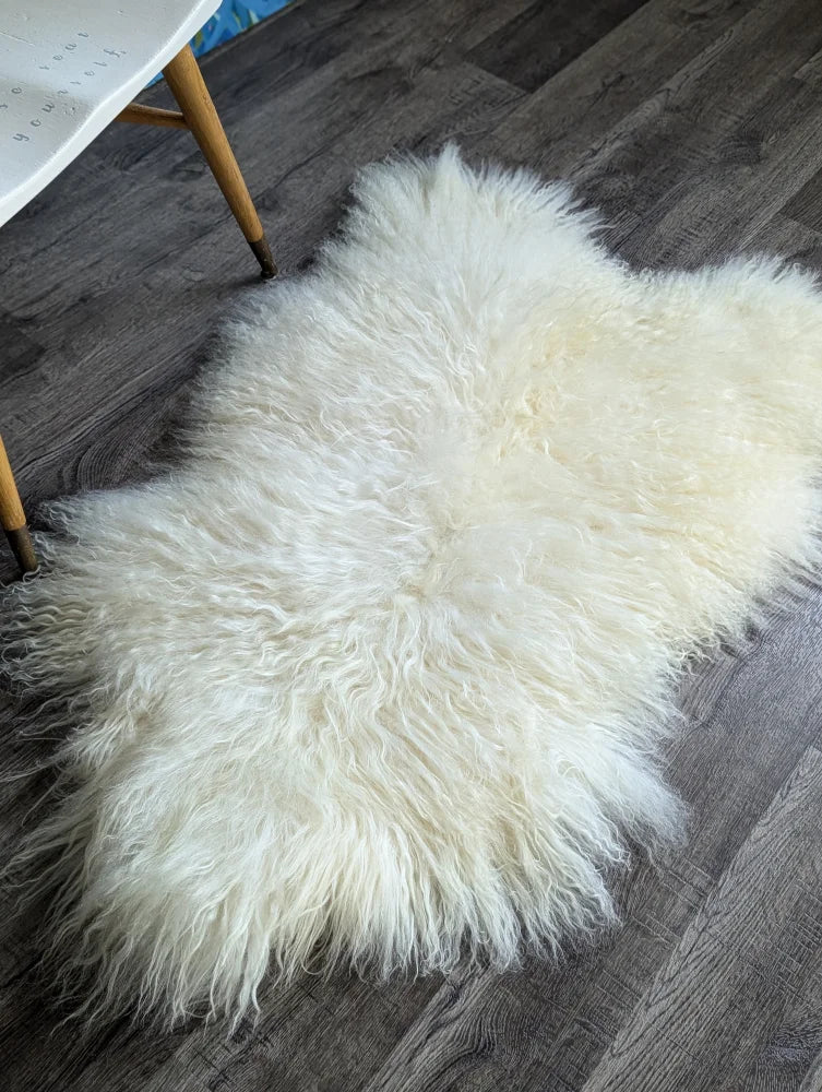 A plush off-white icelandic sheepskin rug with long curly wool fibers on a dark wood floor natural blacky style