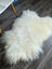 A plush off-white icelandic sheepskin rug with long curly wool fibers on a dark wood floor natural blacky style