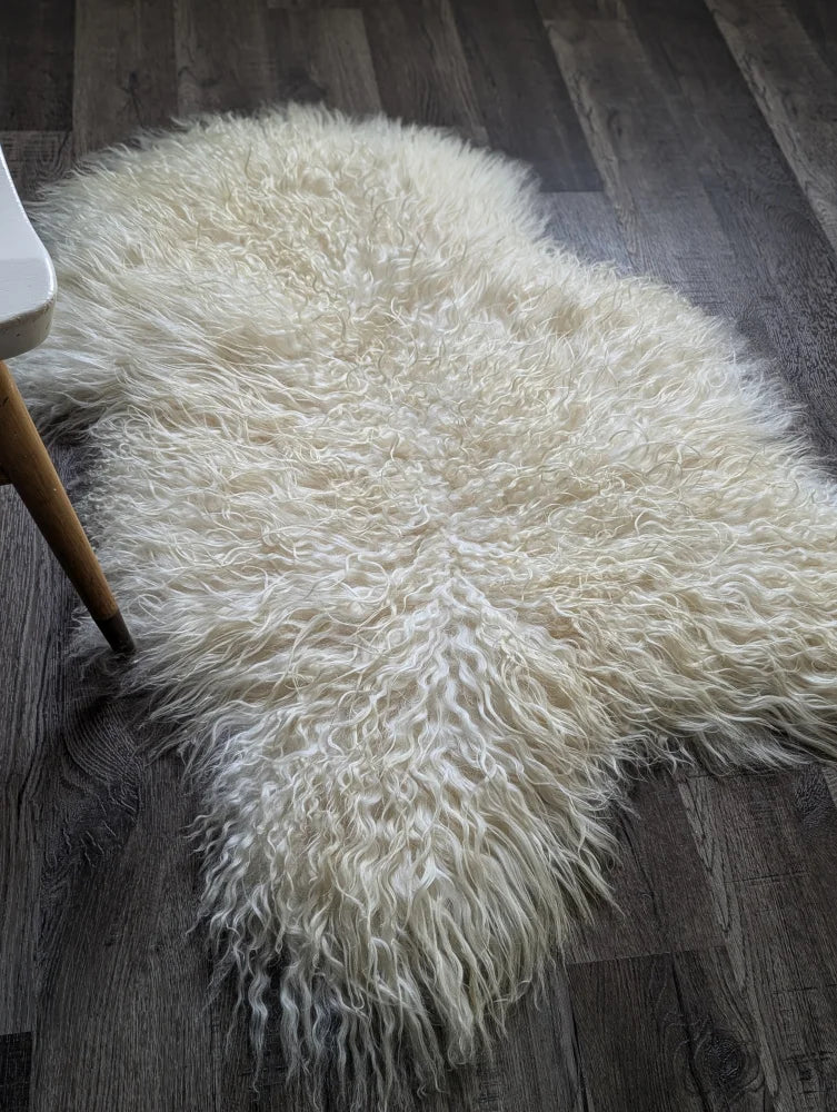 Cream-colored icelandic sheepskin rug with long wool and natural curly fluffy texture for cozy home use