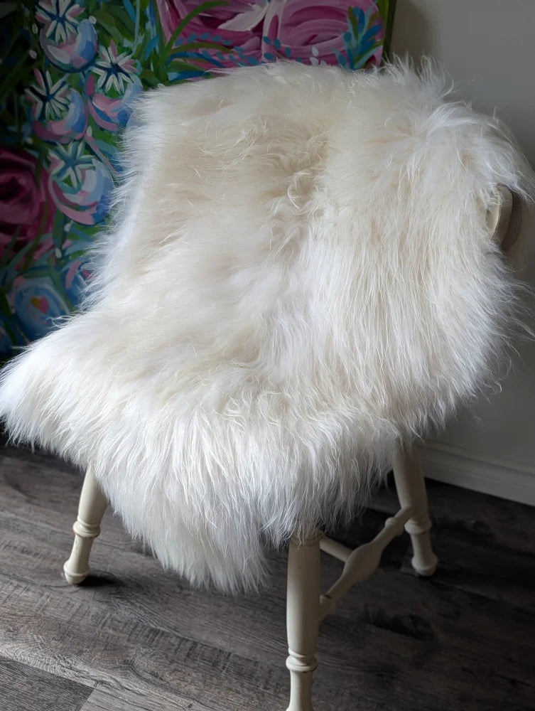 A plush natural white icelandic sheepskin throw with long wool draped over a vintage wooden chair