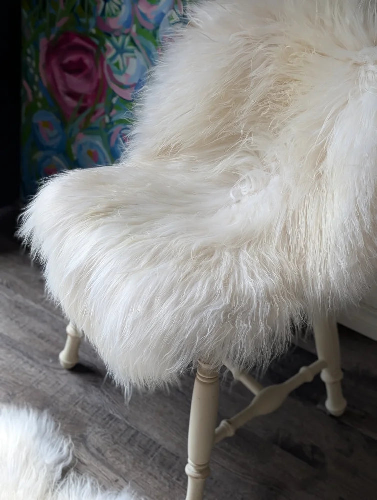 A natural white icelandic sheepskin with long wool draped over a vintage wooden chair for cozy seating