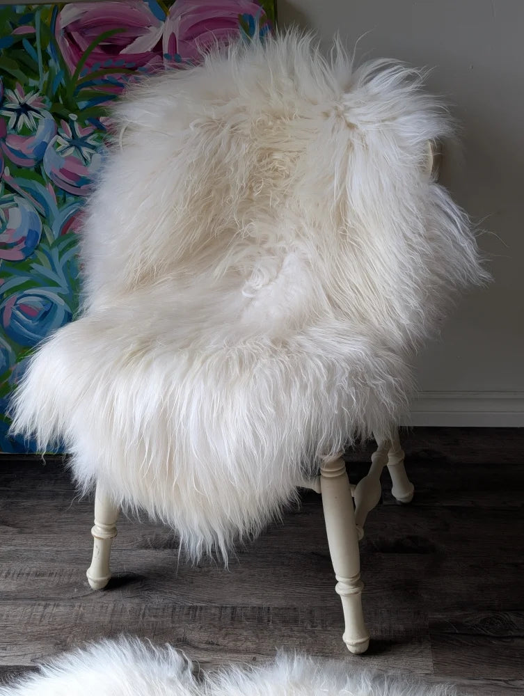 White fluffy icelandic sheepskins long wool icelandic natural white icelandic draped over vintage wooden chair