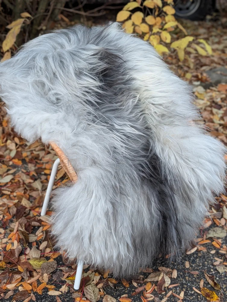 A plush long wool icelandic sheepskin chair in natural grey with woven wooden handle for cozy seating
