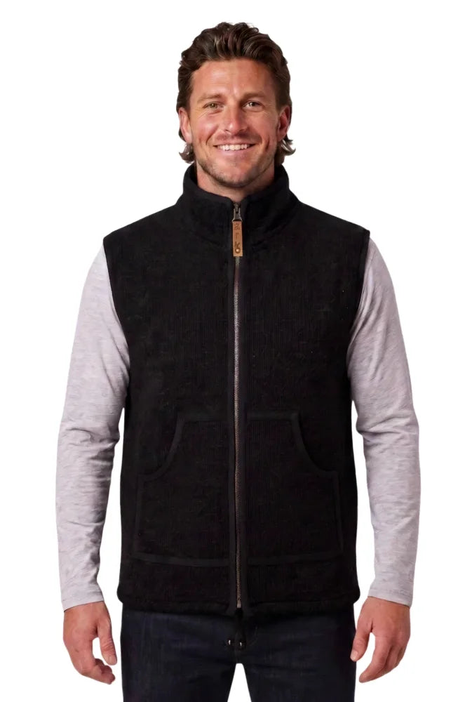 Black jasper vest made of soft fleece zealand wool with high collar zipper and two large patch pockets