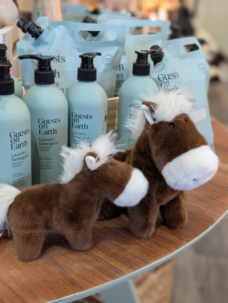 Brown plush horse toy named jorge the pony with white mane and muzzle large size for cuddling and play