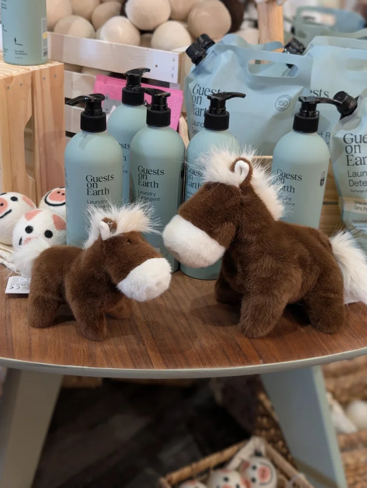 Brown large size plush horse toy with white mane and tail named Jorge the pony for cozy playtime