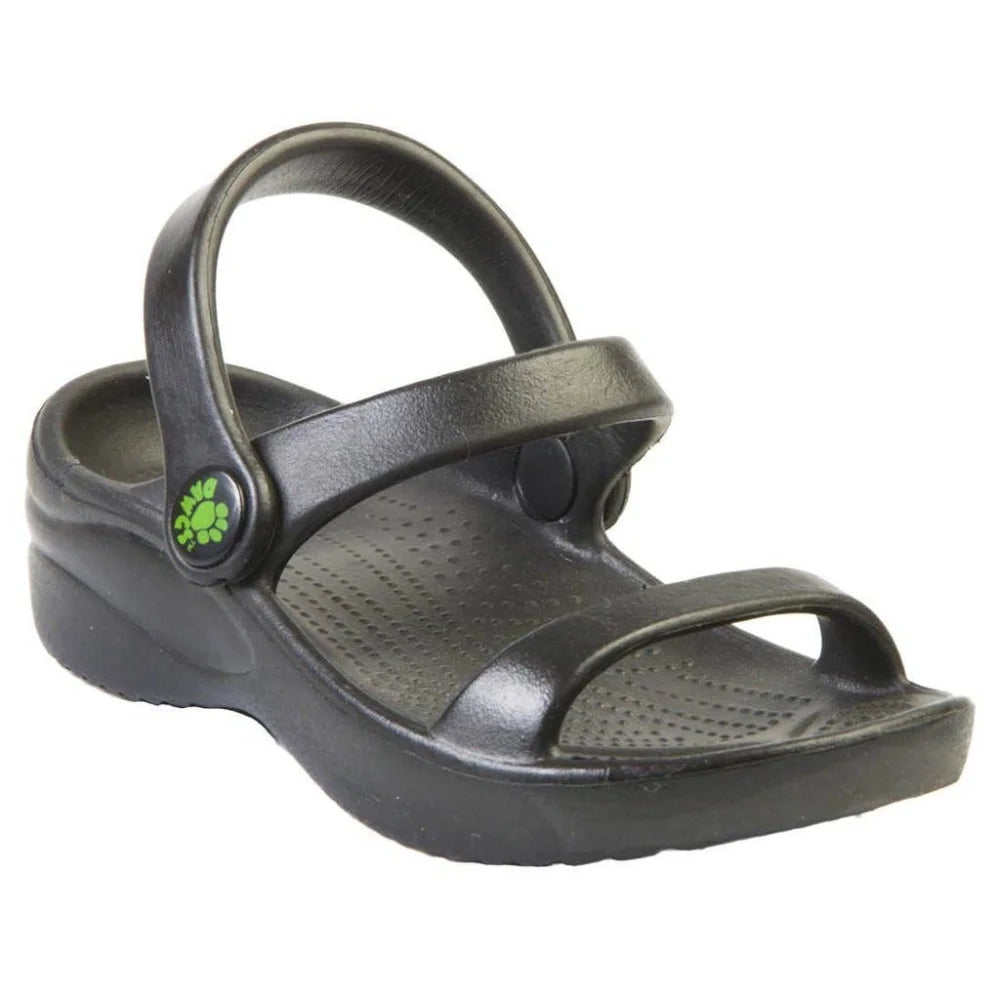 Black Crocs wedge kids 3-strap sandals with green logo, air dry with soft cloth