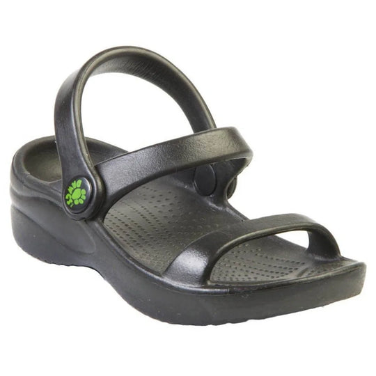 Black Crocs wedge kids 3-strap sandals with green logo, air dry with soft cloth