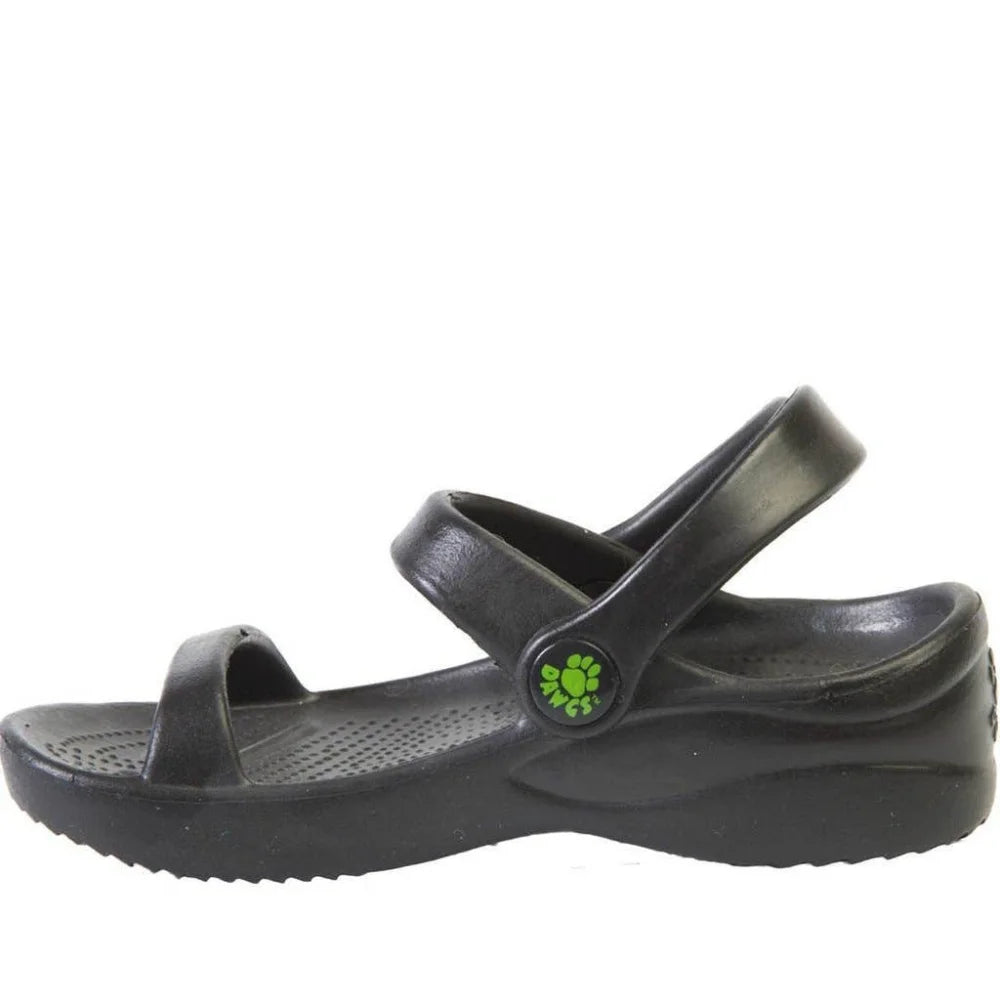 Black Crocs kids 3-strap sandals with green logo, air dry with soft cloth