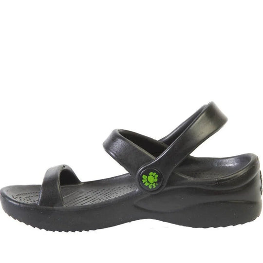Black Crocs kids 3-strap sandals with green logo, air dry with soft cloth